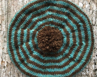 Beret, Hat, Breton Stripes, Pure Wool Hand Knitted Wool Beret, Milk Chocolate Brown and Aqua Tam, Winter Hat, UK Seller,