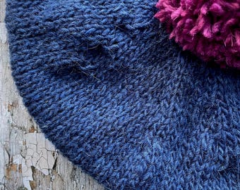 Beret, Hand Knitted Indigo And Fuchsia Pure Wool Beret, Tam, Winter Wool Hat, UK Seller,