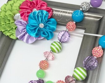 Pink, Lavender, Turquoise and Green Headband and Necklace Photo Prop Set, Girls Dress Up Accessory, Baby Photography Prop, Flower Headband