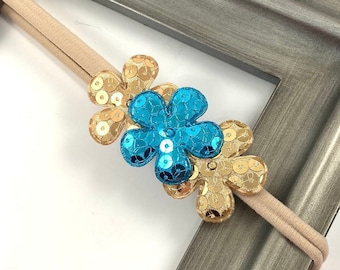 Turquoise and Gold Headband, Baby Headband, Flower Headband, Danty Headband, Baby Photo Prop, Newborn Headband, Child Headband, Wedding