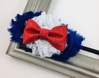 Red, White and Blue 4th of July Shabby Flower Hair Bow or Headband
