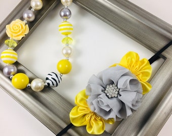 Yellow, Silver Gray and Black Headband and Necklace Set