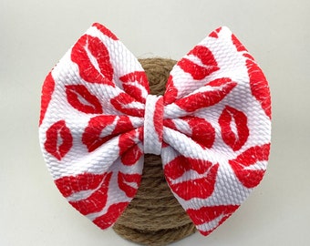 Lips and Kisses Hair Bow or Headband, Red and White Valentines Day Ponytail Bow, Baby Headband - You Choose Size, Clip, Ponytail or Headband