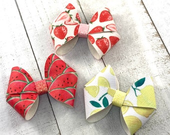 Watermelon, Strawberry and Lemon Hair Bow, Headband or Pony, Summer Picnic Hair Clips, Small Hair Bow Set, Fruit Hair Bows, Girls Hair Bows