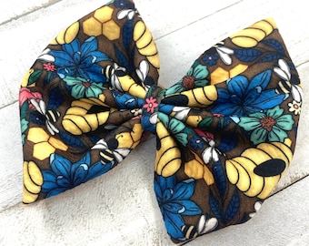 Bumble Bee Hair Bow or Headband, Fall Bee and Flower Headband, Spring Flower and Bee Ponytail Bow, Brown and Blue Flower Hair Bow, Bee Hive