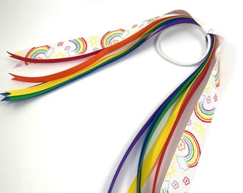 Rainbow Ponytail Streamers, Rainbow Hair Ribbons, Red Orange Yellow Green Blue Purple Ribbon Hair Streamers, Pigtail and  Ponytail Accessory