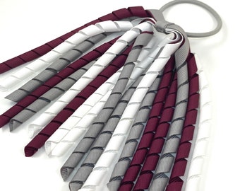 Burgundy White and Gray Ponytail Streamers, Maroon Grey Silver Pigtail Ribbons, Ribbon Hair Streamers, Pigtail Accessory, Ponytail Accessory
