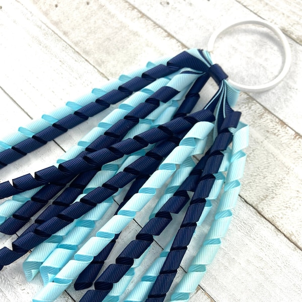Blue Pigtail Streamers, Light Blue Pigtail Ribbons, Navy Blue Ponytail Streamers, School Colors Pigtail Accessory, School Ponytail Accessory