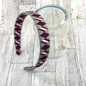 Burgundy Grey and White Headband, School Uniform Tartan Plaid Woven Headband, Maroon Silver Gray Headband, Toddler Girls Teen Adult Headband