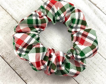 Red and Green Scrunchy, Holiday Plaid Scrunchies, Christmas Scrunchy Hair Tie, Cotton Fabric Scrunchies, Elastic Ponytail, Wrist Accessory