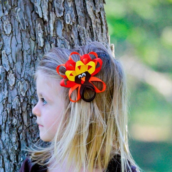 Thanksgiving Turkey Hair Bow -  Brown Orange Yellow Red Ribbon Sculpture