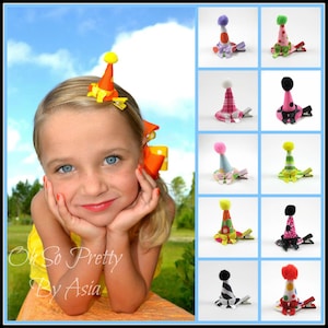 May include: A set of ten colorful felt clown hats with pom-poms and bows. Each hat is attached to a hair clip. The hats are in various colors and patterns, including red, green, blue, yellow, pink, and black.