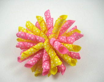 Pink and Yellow Polka Dot Korker Hair Bow  -  Korker Hair Clip - Korker Hair Bow