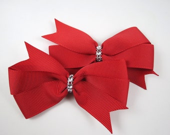 Red Hair Bows, Red Pigtail Bows, Red and Silver Hair Bows, Red Piggy Bows, Christmas Hair Bows, Christmas Pigtail Bows, Valentines Day Bows