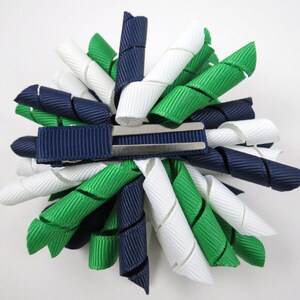 Green Blue and White Korker Hair Bow or Headband, Emerald Green Hair Bow, White Hair Bow, Navy Blue Hair Bow, School Uniform Bow, Plaid Bow image 3