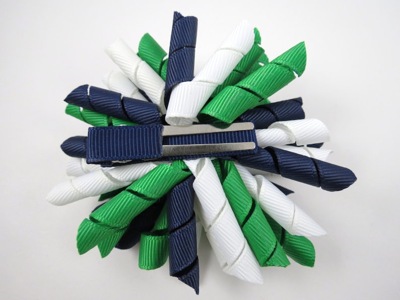 Green Blue and White Korker Hair Bow or Headband, Emerald Green Hair Bow, White Hair Bow, Navy Blue Hair Bow, School Uniform Bow, Plaid Bow image 3
