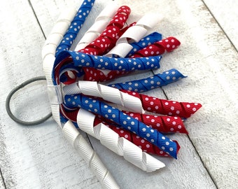 Red White and Blue Ponytail or Pigtail Streamers, Small Polka Dot Ponytail Korker Streamers, 4th of July Hair Bows, Pigtail Hair Streamers