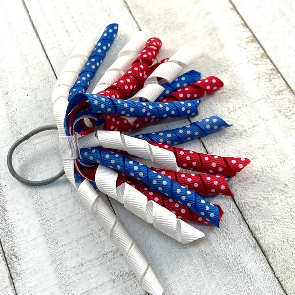 Red White and Blue Ponytail or Pigtail Streamers, Small Polka Dot Ponytail Korker Streamers, 4th of July Hair Bows, Pigtail Hair Streamers