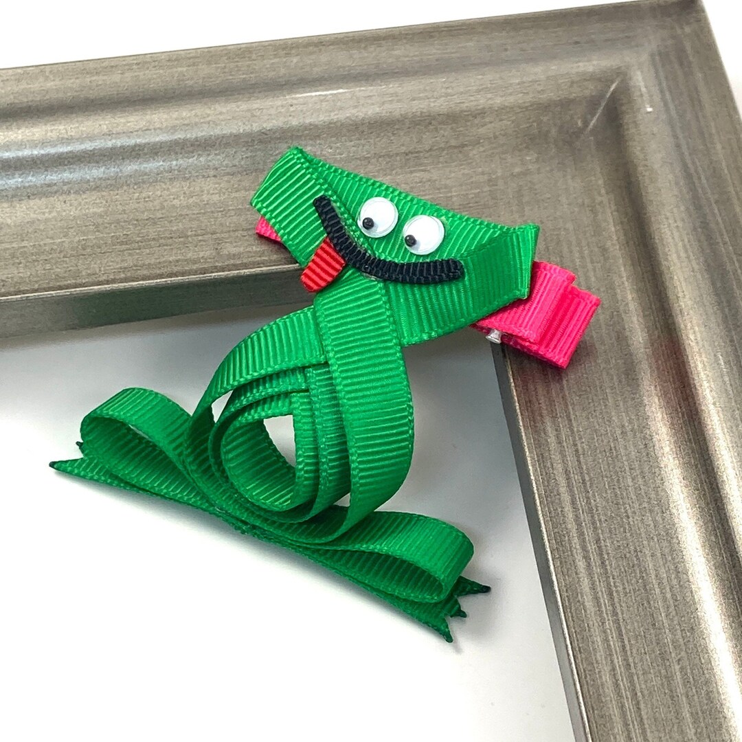 Frog Hair Bow, Green Frog Hair Clip, Animal Hair Clip, Frog Ribbon