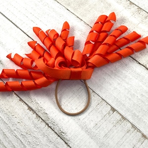 May include: Orange curly ribbon hair bow with a brown elastic band.