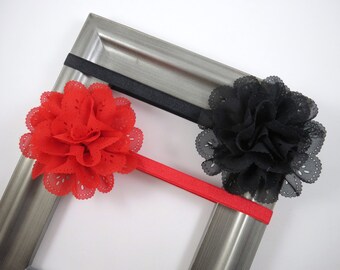 Red and Black Flower Headband Set - Flower Headbands - Elastic Girl Headbands - Set of Headbands - Baby Toddler Teenager Adult Headbands