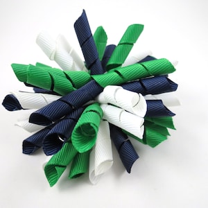 Green Blue and White Korker Hair Bow or Headband, Emerald Green Hair Bow, White Hair Bow, Navy Blue Hair Bow, School Uniform Bow, Plaid Bow image 1