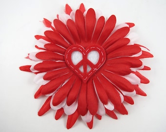 Heart Flower Hair Bow - Heart Hair Clip - Red Hair Bow - Red Flower Clip - Valentines Hair Clip - Heart Hair Clip - Red White Hair Clip