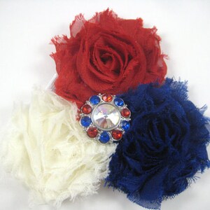 Red White and Blue Shabby Flower 4th of July Hair Bow