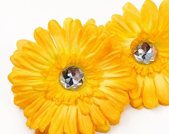 Dandelion Yellow Orange Daisy Flower Heads - Supply: Gerbera Silk Flowers, DYI Craft Supply, Fabric Artificial Arts Supply, Set of 2