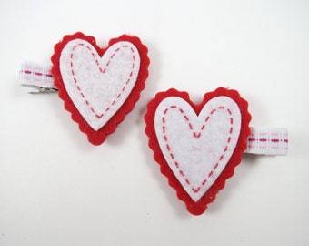Red Heart Hair Clips - Red Hair Clips - Heart Hair Clip Set -  Red and White Hair Clips - Hair Clip Set - Valentines Day