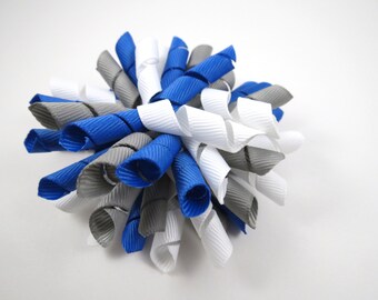 Gray Blue and White Korker Hair Bow  -  Royal Blue Hair Bow - White Hair Bow - Grey Gray Hair Bow - Korker Hair Clip - Korker Hair Bow