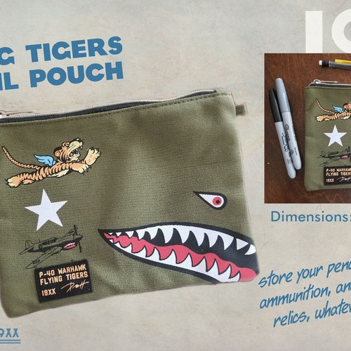 Flying Tigers, avion de guerre de la Seconde Guerre mondiale, aviation, pochette à crayons, dents de requin, trousse de dés, trousse de maquillage, etc.