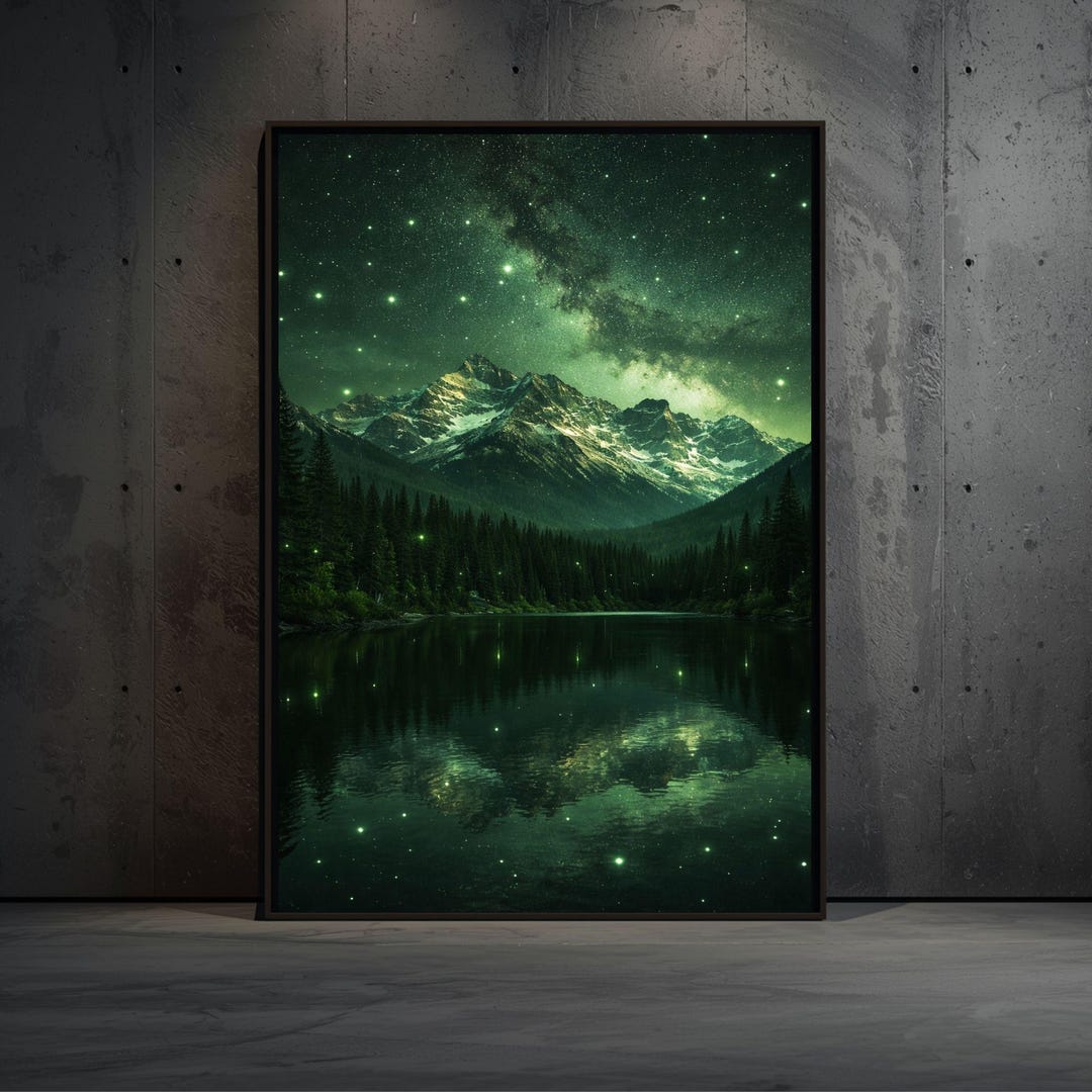 Green Night Sky Mountain Print, Mily Way Landscape Wall Art, Forest ...