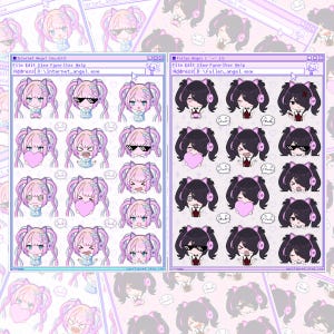 May include: A sheet of stickers featuring cartoon characters with pigtails, headphones, and various expressions. The stickers are in a pastel color palette with text that reads "Internet Angel" and "Fallen Angel".