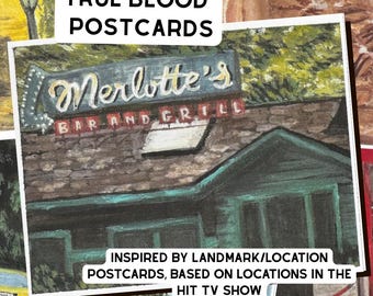 Paquete de postales turísticas de True Blood / Fan art de vampiros / Set de postales con pintura al gouache