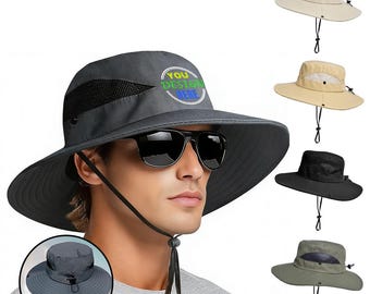 Custom Logo Sun Hat for Men Women, Wide Brim Fishing Hat UV Protection, Personalized Boonie Hat, Adjustable Beach Bucket