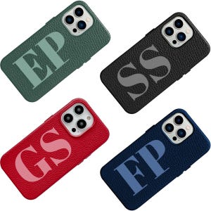 May include: Four personalized phone cases in green, black, red, and navy blue. Each case features a different set of initials in a bold, sans-serif font. The cases have a textured leather-like appearance and a camera cutout.