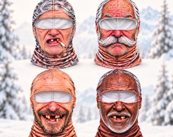 May include: Four full-head ski masks featuring realistic, high-definition prints of elderly faces with varied expressions, including missing teeth and a cigarette. Each mask has a single horizontal eye opening. The text FUNNY SKI MASKS is at the top.