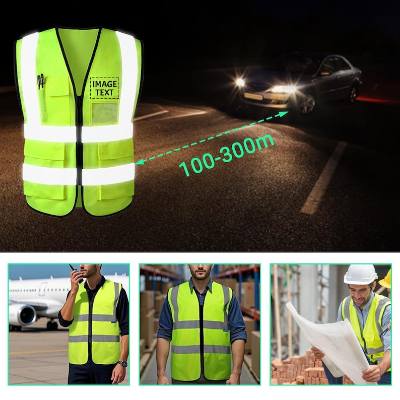 May include: Neon green high-visibility safety vest with reflective stripes and pockets. The vest has a zip closure and includes the text "IMAGE TEXT" on a patch. The image shows the vest at night with a car's headlights.
