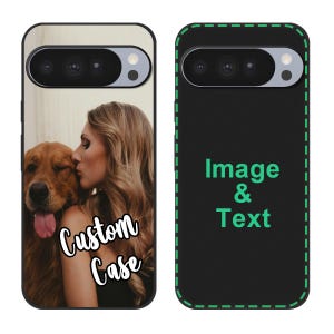 Puede incluir: Funda de teléfono con una foto de una mujer besando a un golden retriever, con las palabras "Custom Case". El otro lado es negro con las palabras "Image & Text" en verde.