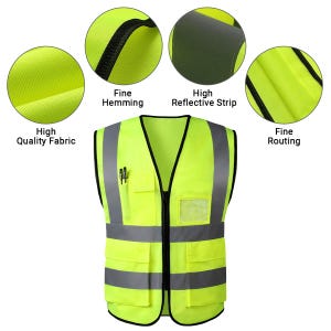 May include: High-visibility safety vest in bright yellow with reflective silver stripes. Features include a V-neck, multiple pockets, and a zip closure. Close-up details highlight high-quality fabric, fine hemming, and routing. The vest is designed for enhanced visibility.