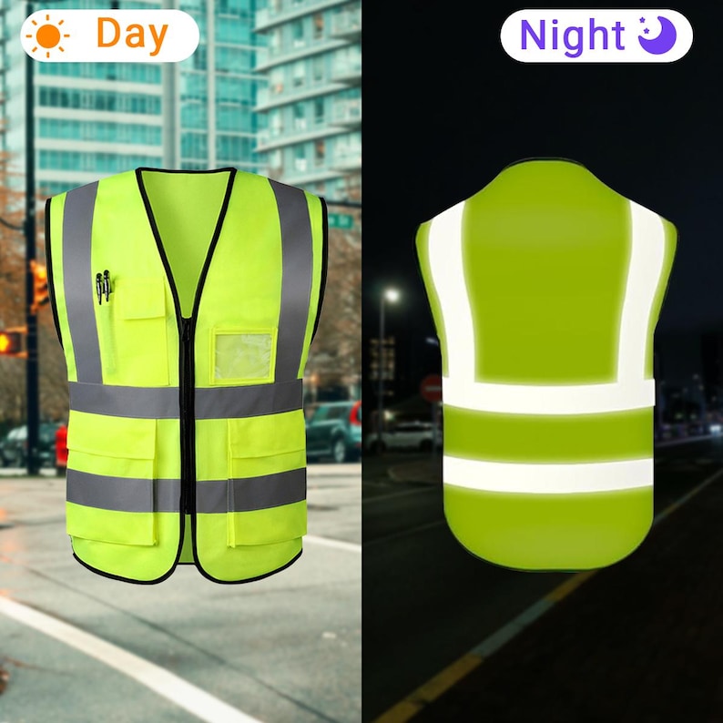 May include: A fluorescent yellow safety vest with reflective silver bands and pockets. The vest features a zip and is designed for day and night use, as indicated by the text "Day" and "Night".