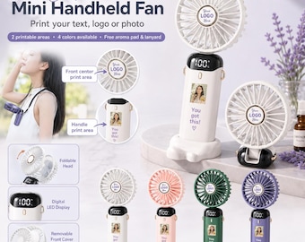 May include: Mini handheld fan in white, pink, green, and purple. Features include a digital LED display, foldable head, and a removable front cover. The fan can be customized with text, a logo, or a photo. Includes an aroma pad and lanyard.