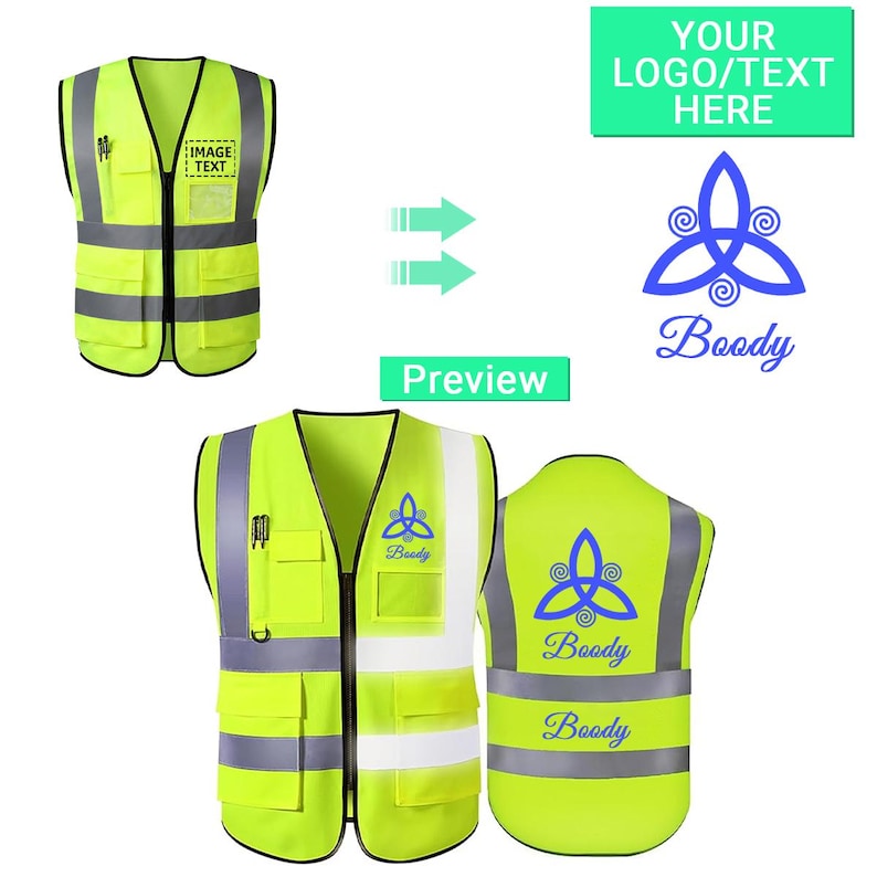 May include: Bright yellow high-visibility safety vest with reflective stripes and pockets. Includes a zip closure and pen holder. The vest has a logo and text area for customisation. The word "Preview" is also visible.