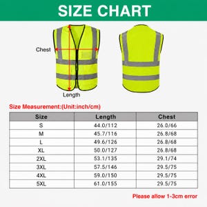 May include: A bright yellow high-visibility safety vest with reflective stripes. The image includes a size chart with measurements in inches and centimetres for chest and length, ranging from size S to 5XL.
