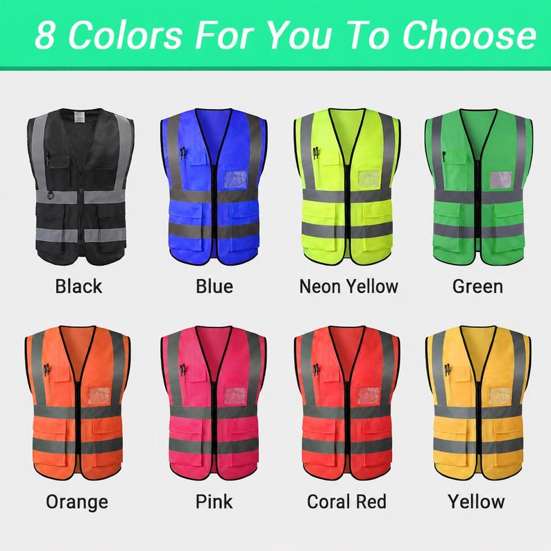 May include: Eight high-visibility vests in different colours: black, blue, neon yellow, green, orange, pink, coral red, and yellow. Each vest features a zip, multiple pockets, and reflective stripes. The text "8 Colors For You To Choose" is at the top.