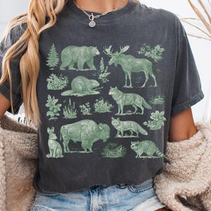 Chemise vintage des années 90 Animal Nature, lion, rhinocéros, orignal, castor, loup, éléphant, renard, lynx roux, Forestcore, Nature