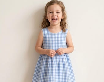 Blue Gingham Toddler Dress, Baby Girl Summer Dress Cotton, Girls Pinafore Dress, Simple Kids Dress, Minimalist Children Clothing