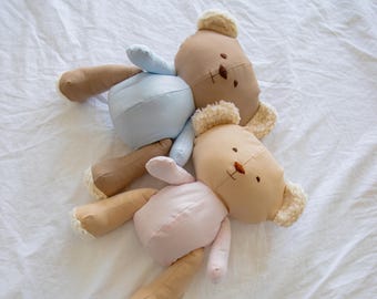 Linen Teddy Bear Baby Girl Gift, Baby Shower Gift for Mom to Be, Pregnancy Announcement Gift, Handmade Stuffed Animal Toy, Baby Toy