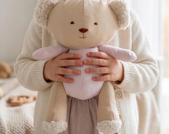 Baby Shower Gift for Mom, Handmade Linen Teddy Bear, Stuffed Animal Baby Girl Gift, Newborn Nursery Decor, Pregnancy Gift Idea